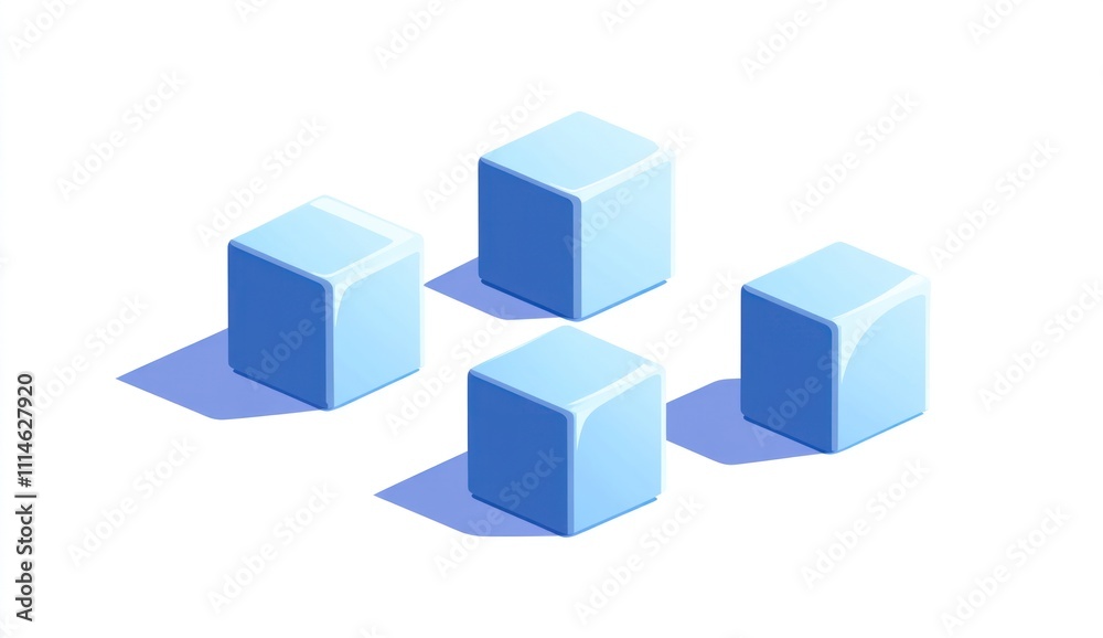 Fototapeta premium Four light blue isometric cubes arranged in a plus sign, casting shadows on a white background.