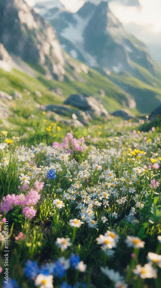 Fototapeta premium Close-up view of colorful mountain pasture with wildflowers blooming in the sunlight during spring