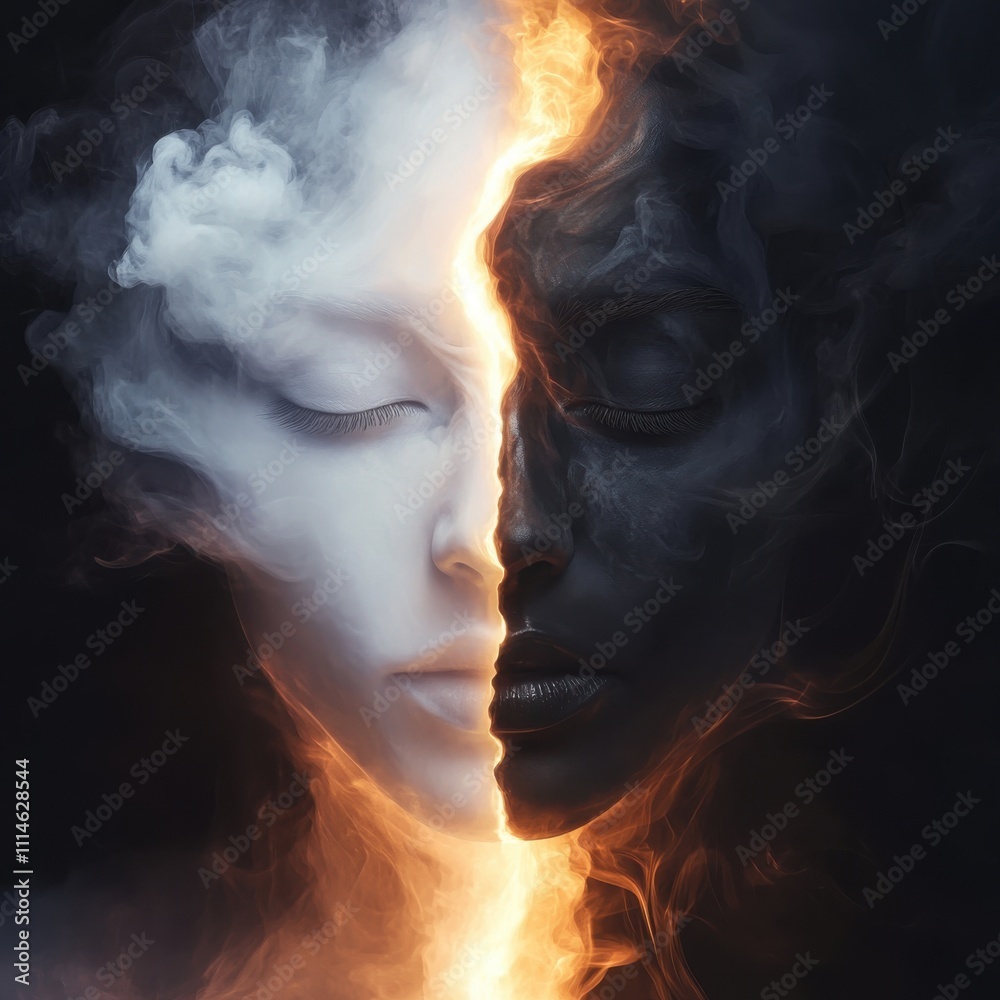 Fototapeta premium A striking close-up of a human face split in half revealing contrasting features and tones, symbolizing duality and the complexity of identity