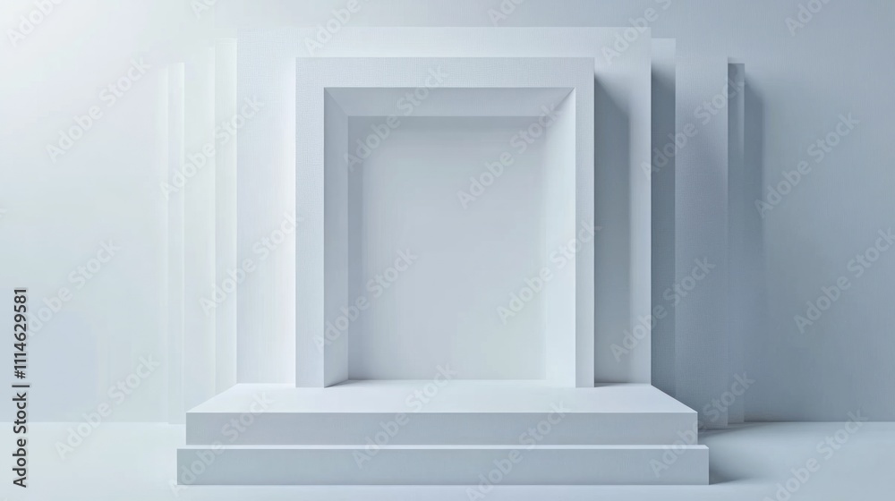 Obraz premium Minimalist white geometric display podium with recessed niche and steps.