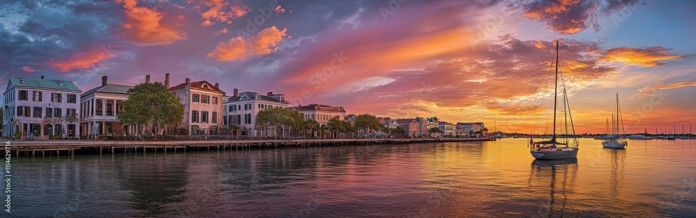 Fototapeta premium Enjoy a stunning sunset over historic Charleston’s waterfront with sailboats lining the serene harbor