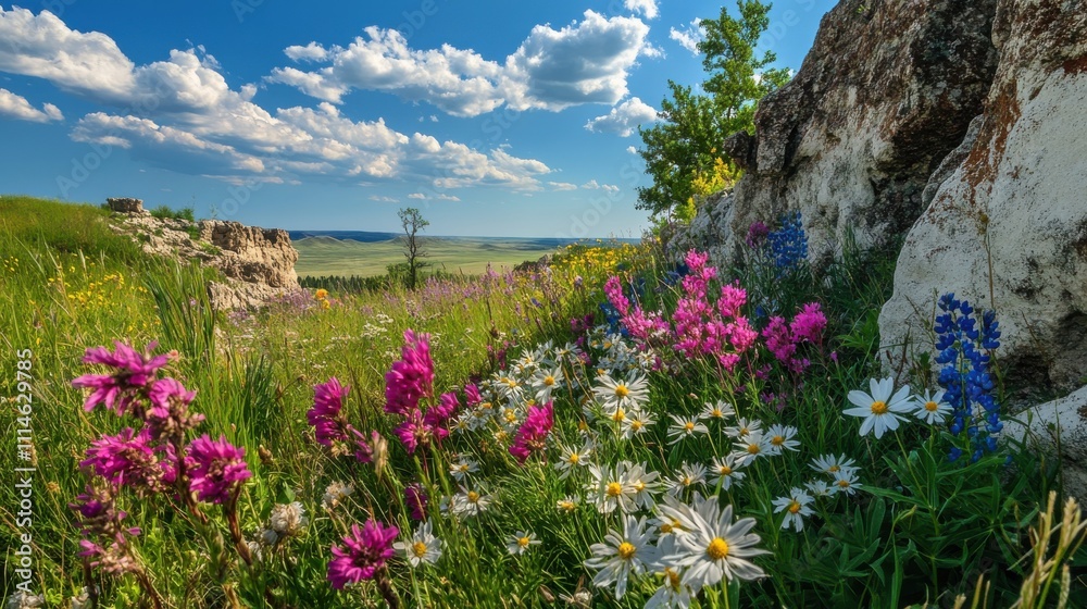 Obraz premium A stunning view of colorful wildflowers blooming in Wind Cave National Park on a sunny day, showcasing nature's beauty in South Dakota