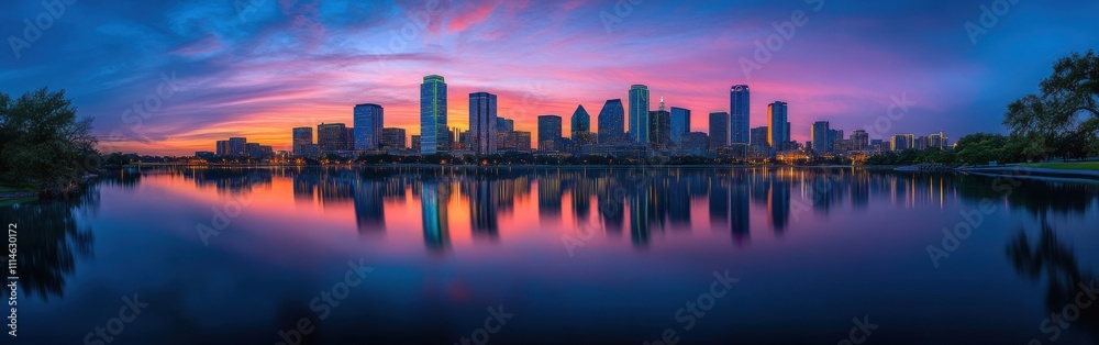 Obraz premium Stunning Dallas skyline illuminated by sunset with reflections on the tranquil water