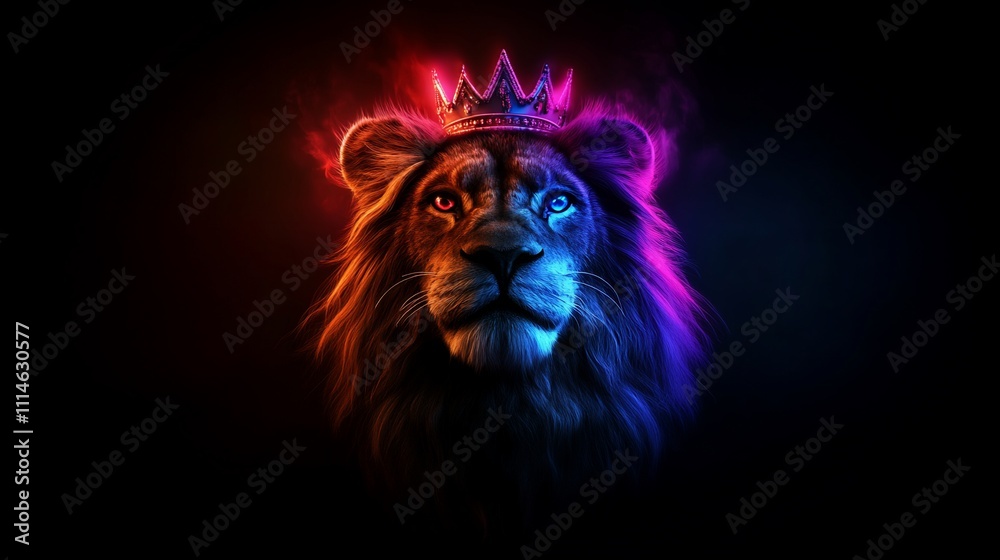 Naklejka premium Majestic lion with crown and glowing light.