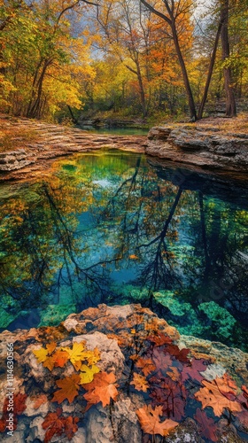 A picturesque autumn view of the vibrant waters and colorful foliage at Chickasaw National Recreation Area photo