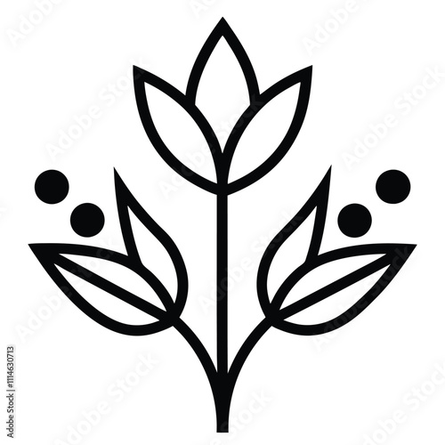 Black outline illustration of a stylized floral design featuring three buds with dotted accents,