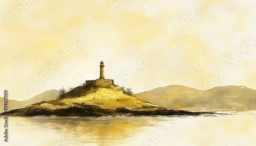 Watercolor Painting of a Lighthouse on a Small Island photo