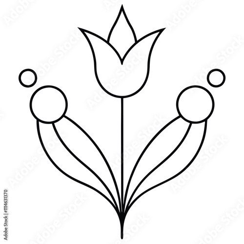 Black outline illustration of a stylized floral design featuring three buds with dotted accents,