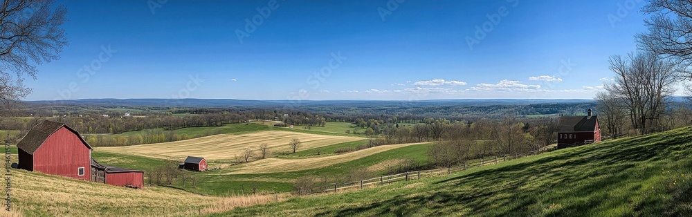 Fototapeta premium A serene panorama of rolling hills under a clear blue sky with red barns dotting the landscape in the countryside