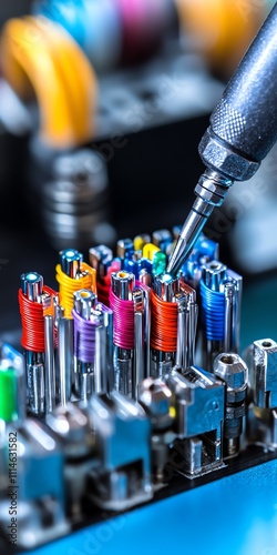 Close-up of colorful electronic components being assembled with precision tools. photo