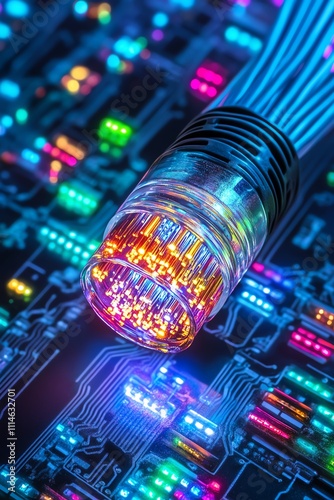 Close-up of glowing fiber optic cables connected to circuit board, showcasing digital data flow.