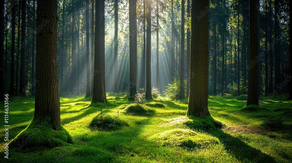 Obraz premium Sunlight streaming through a dense forest, illuminating the mossy ground
