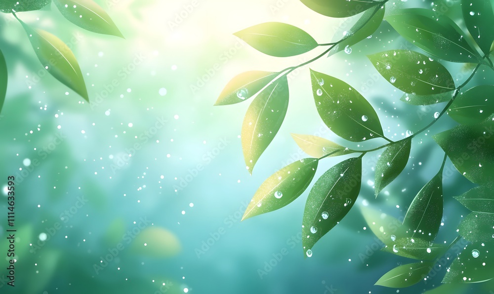 Fototapeta premium Lush green leaves with water droplets, sunlight bokeh background.