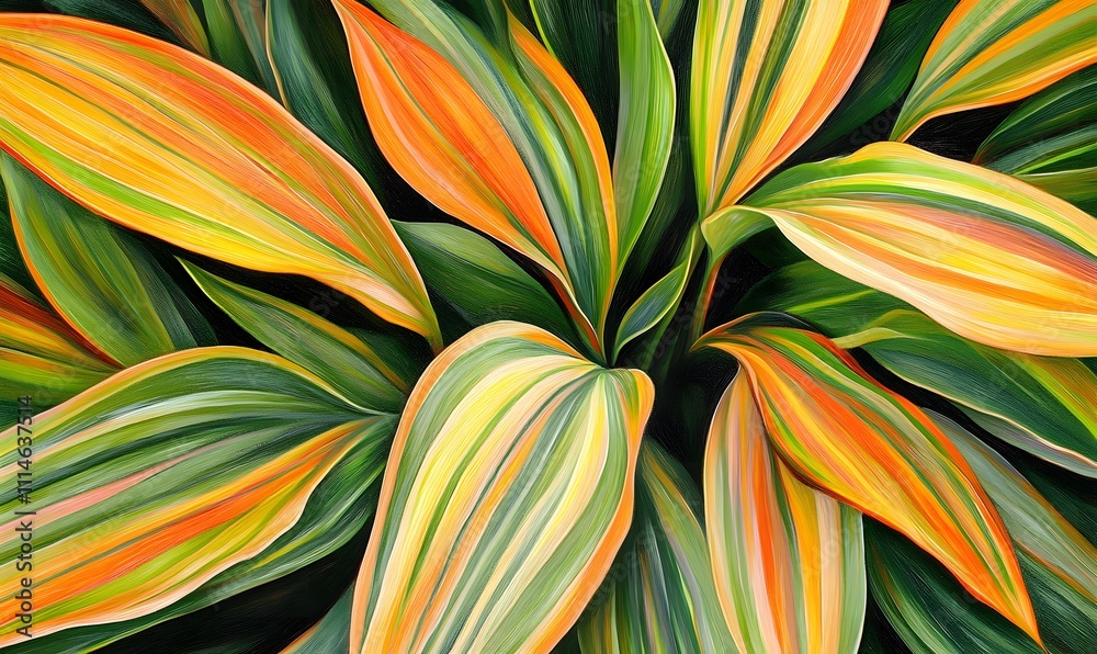 Fototapeta premium Vibrant foliage with orange, yellow, and green stripes.
