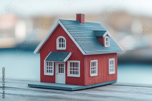 A Miniature Red House Model Sits on a Wooden Surface photo