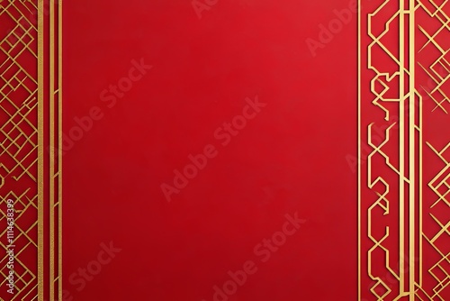 Minimalist red background, subtle geometric Chinese pattern, thin gold border with intricate corners, elegant and festive, evoking traditional Chinese celebrations, holiday or cultural themes