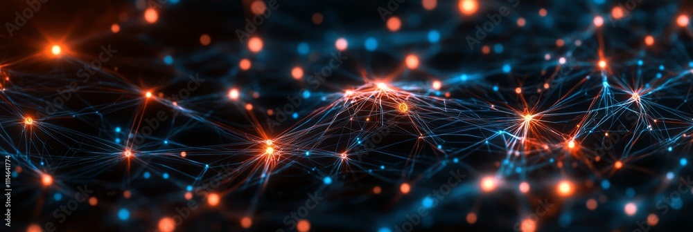 Dynamic network of glowing blue and orange nodes and connections Dynamic network of glowing blue and orange nodes and connections