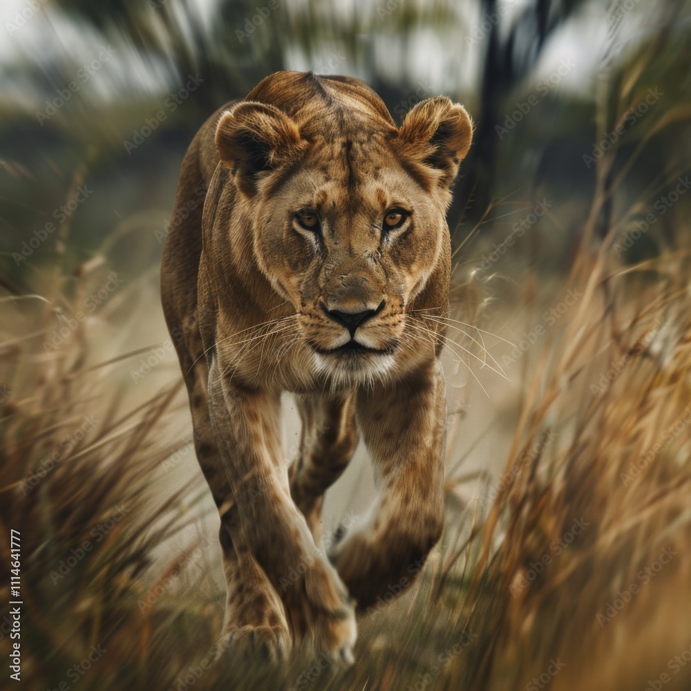 Obraz premium A full shot photo of a lioness walking confidently through tall golden grass, deep focus on the movement of its muscles and fur, low-angle shot that makes the lion appear larger and more imposing