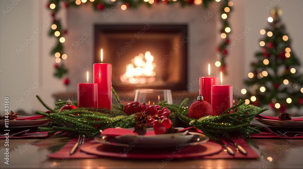 Red and Green Holiday Table Setting with Garland. An elegantly set holiday table adorned with a green garland, red candles, and a cozy fireplace in the background, creating a timeless Christmas dinner Red and Green Holiday Table Setting with Garland. An elegantly set holiday table adorned with a green garland, red candles, and a cozy fireplace in the background, creating a timeless Christmas dinner