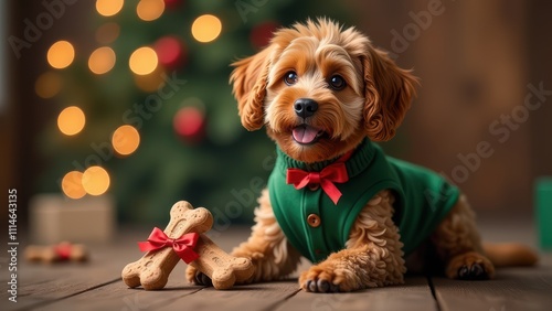Cute curly poodle type dog in green sweater vest and red bow lying on festive background with dog treats in re ribbon photo