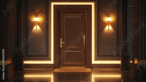 Elegant Entrance:  A Luxurious Brown Doorway Illuminated by Warm Lighting
