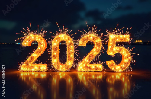 Holiday greeting Happy New Year 2025 card. Numbers of year 2025 made by golden fireworks on bokeh gark background. Close-up. Copy space for text photo