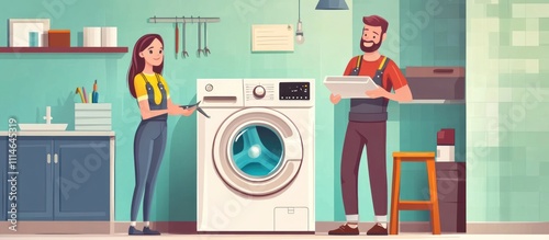 Appliance repair technicians working on a washing machine in a laundry room. photo