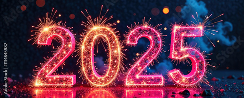 Holiday greeting Happy New Year 2025 card. Numbers of year 2025 made by pink fireworks on bokeh gark background. Close-up. Copy space for text photo