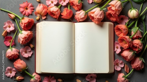 Open notebook surrounded by delicate flowers for a poetic or romantic ebook cover design photo