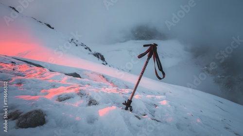 Ice axe on snowy mountain slope at sunrise, surrounded by mist and rugged terrain. photo