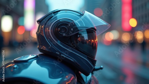 High-performance motorcycle helmet against a vibrant urban backdrop, perfect for innovation and futuristic art photo