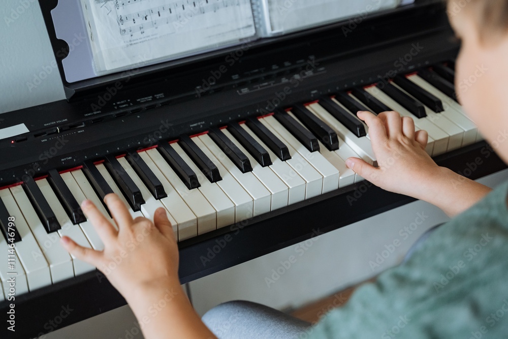 An individual is skillfully playing a beautiful piano while a laptop is situated in the background, possibly for music composition or recording purposes, enhancing the musical atmosphere An individual is skillfully playing a beautiful piano while a laptop is situated in the background, possibly for music composition or recording purposes, enhancing the musical atmosphere