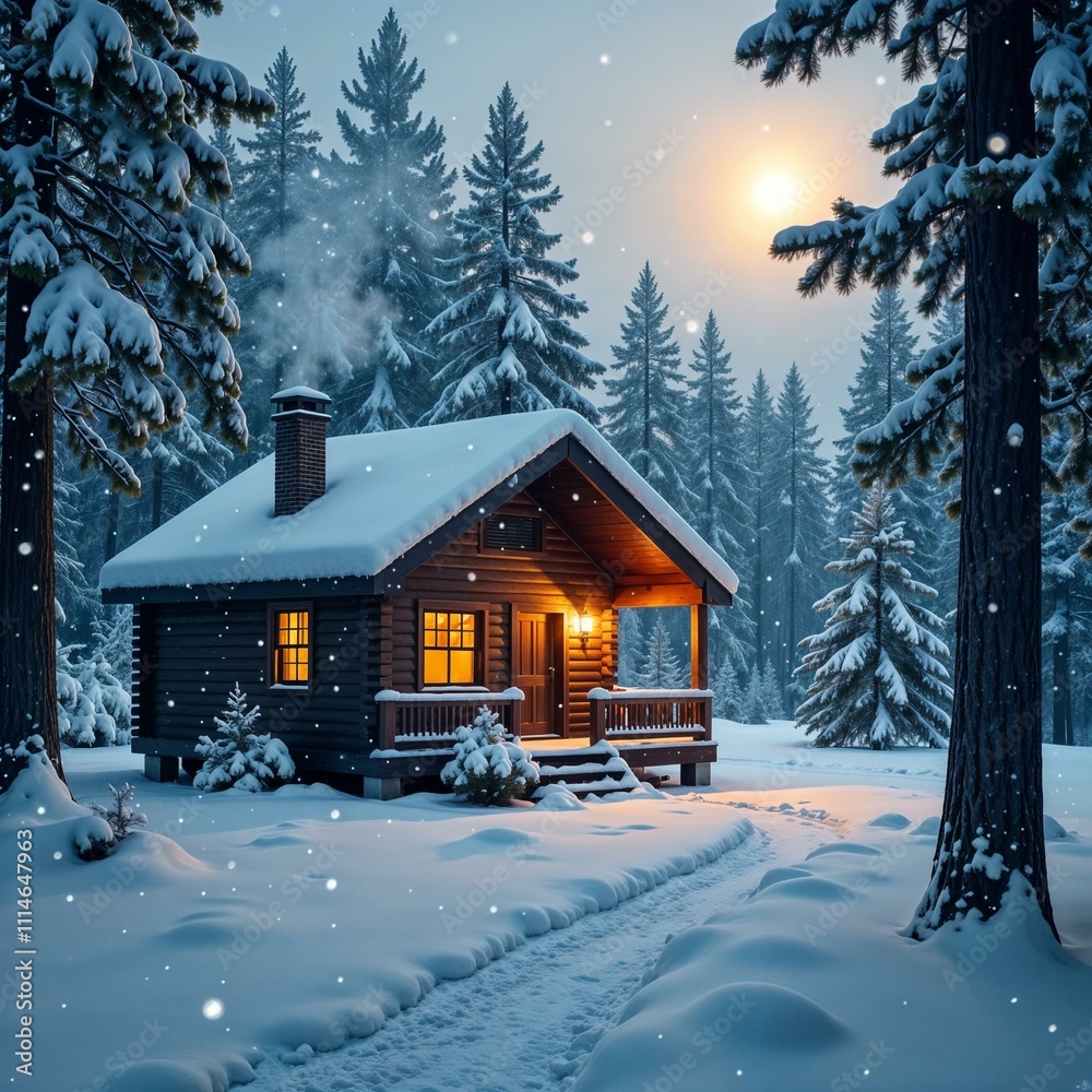 Fototapeta premium Cozy wooden house in a winter forest, with lights glowing in the windows and smoke rising from the chimney, creating a romantic atmosphere for a nature retreat. The house is available for rent.