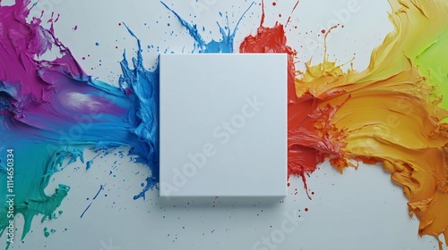 Blank canvas surrounded by vibrant splashes of paint in various colors on a white background photo