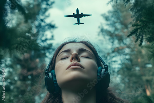 A young woman enjoys serene moments with headphones on, reflecting beneath a flying airplane photo