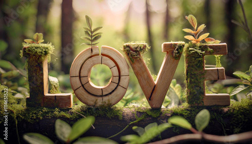 Word LOVE made of wood and branches in forest, generative ai