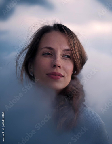 Dreamy portrait of beautiful young woman in clouds, generative ai