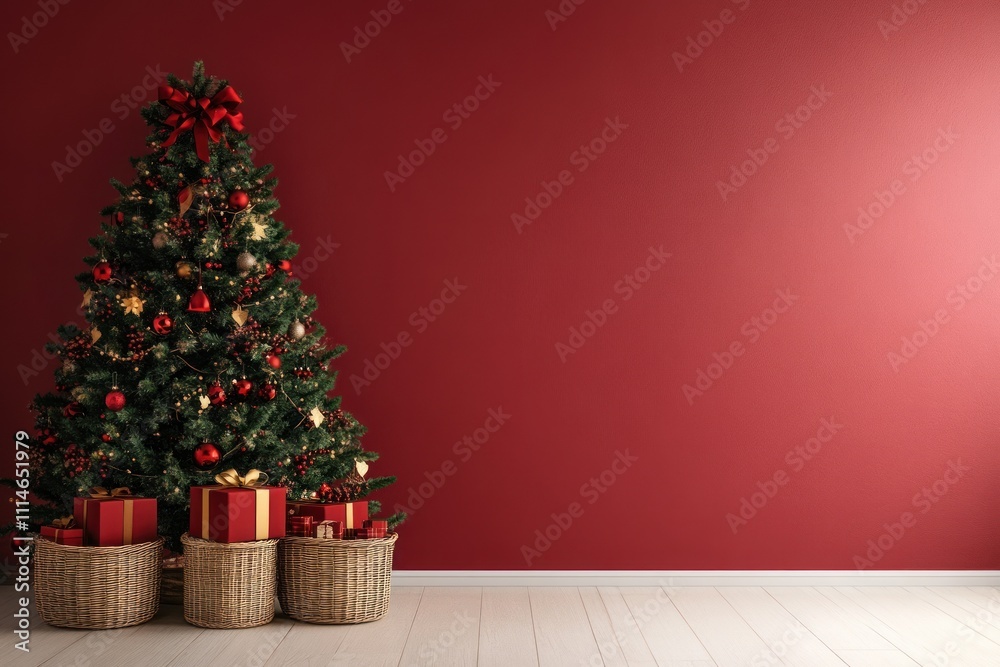 Decorated Christmas Tree with Red Gifts and Baskets Decorated Christmas Tree with Red Gifts and Baskets