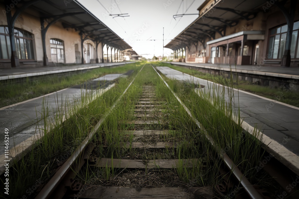 Fototapeta premium Overgrown railway tracks at an abandoned train station, symbolizing change and nostalgia.