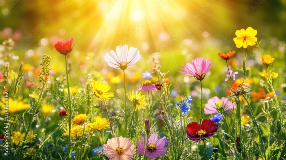 Sunlit Wildflowers Bloom In Vibrant Meadow Sunlit Wildflowers Bloom In Vibrant Meadow