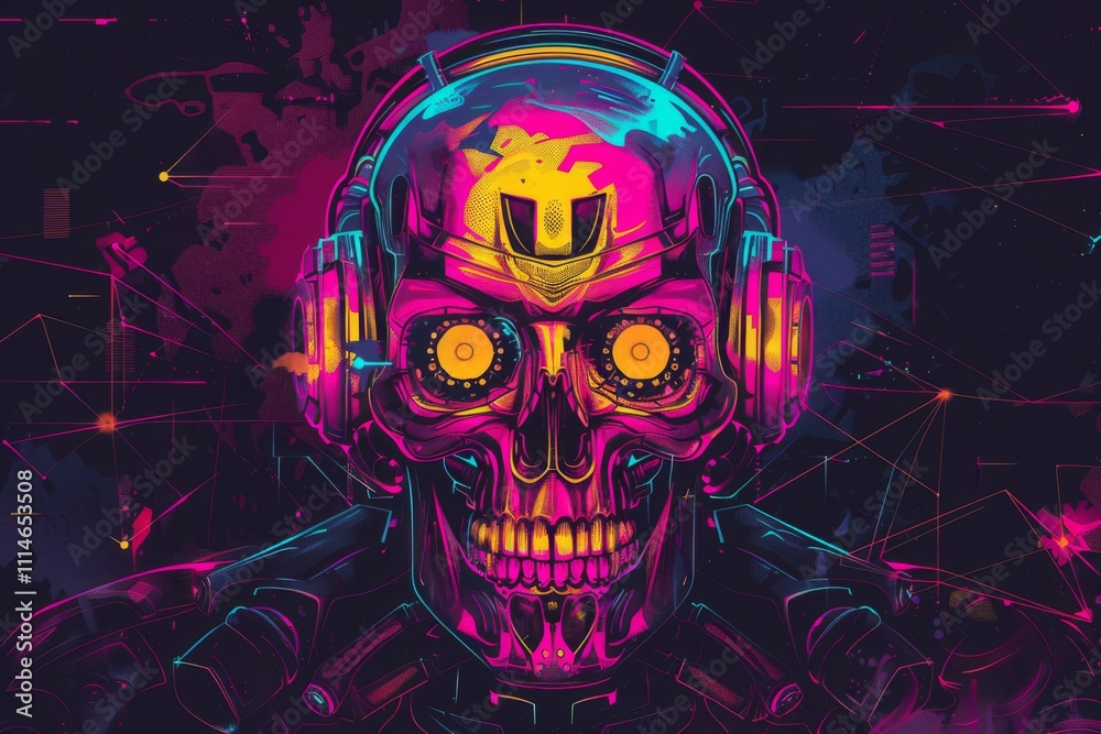 Cyberpunk warrior robot illustration for a t shirt or badge, by Head Mecha. able to work on your unique project. ideal for designing T shirts, apparel, or products.
