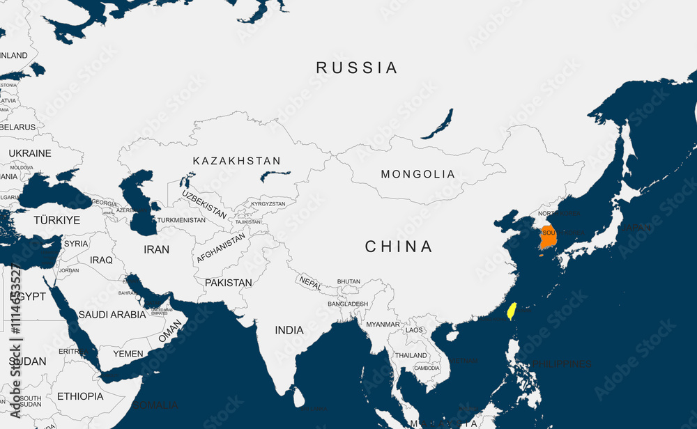 Fototapeta premium World Map Highlighting south korea and tiwan in Color