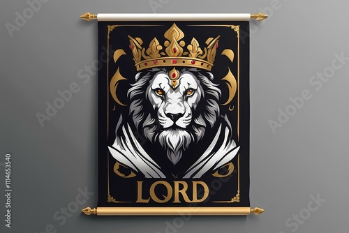 A majestic royal lion emblem featuring a golden crown on a dramatic dark background. This design exudes power, authority, and elegance, ideal for branding or heritage themes.
 photo