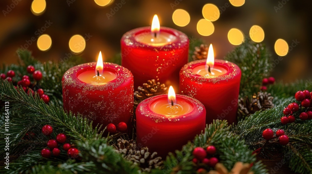 Four Red Candles Adorned With Glitter Amidst Festive Greenery Four Red Candles Adorned With Glitter Amidst Festive Greenery