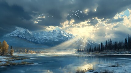 Crédence de cuisine  Serene Winter Mountain Lake Scene With Birds In Flight  © Handz
