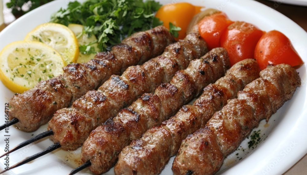 Grilled Lamb Kofta Kebabs with Lemon and Vegetables Grilled Lamb Kofta Kebabs with Lemon and Vegetables
