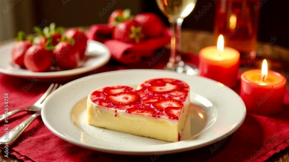 Heart-shaped cake on a white plate, a glass of champagne, lit candles and strawberries for Valentine's Day Heart-shaped cake on a white plate, a glass of champagne, lit candles and strawberries for Valentine's Day