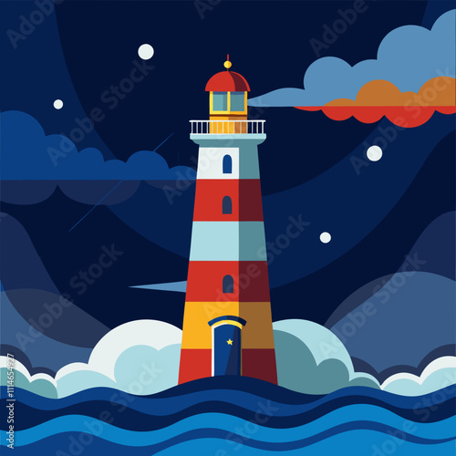 Lighthouse glowing in a stormy sea.