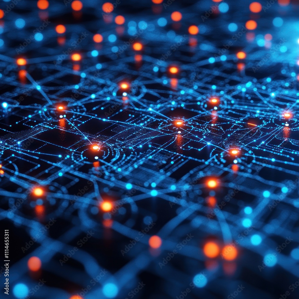 Abstract digital network visualization with glowing nodes and connections.