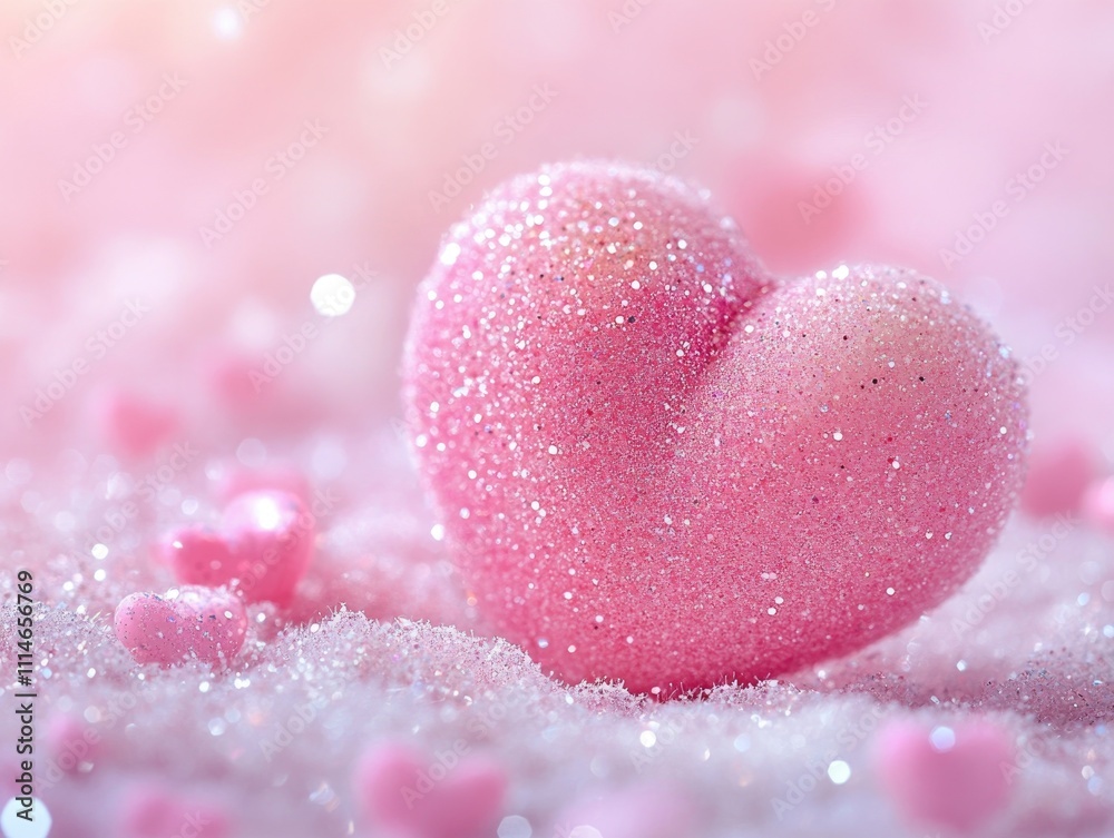 Fuzzy pink heart with shimmering sparkles and soft, glowing light, cute 3D Valentine's Day heart against a soft pink background